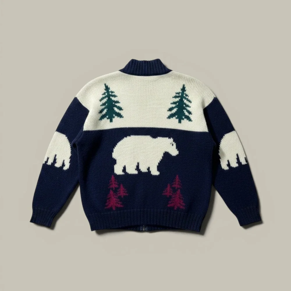 Vintage Lands End Wool Cardigan Sweater Men's Full Zip Knit Polar Bear Pine Tree